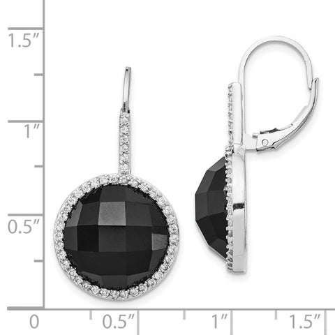 Cheryl M SS Rhod Plated CZ & Onyx Checkerboard Cut Leverback Earrings-WBC-QCM751