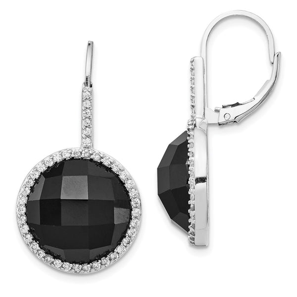 Cheryl M SS Rhod Plated CZ & Onyx Checkerboard Cut Leverback Earrings-WBC-QCM751