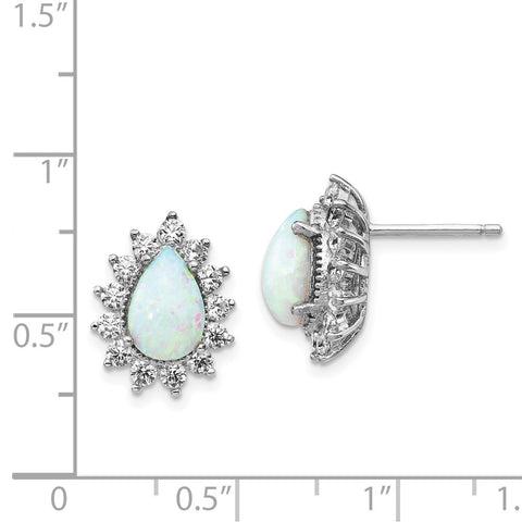 Cheryl M SS Rhodium Plated CZ & Created Opal Pear Shape Post Earrings-WBC-QCM778