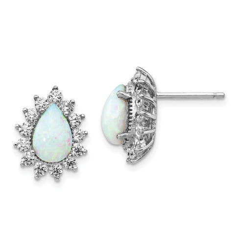 Cheryl M SS Rhodium Plated CZ & Created Opal Pear Shape Post Earrings-WBC-QCM778
