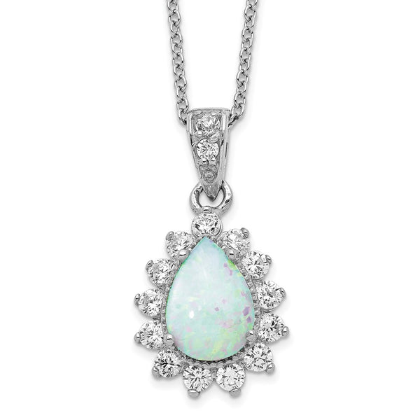 Cheryl M SS Rhod Plated CZ & Created Opal Pear Shaped 18in Necklace-WBC-QCM784-18