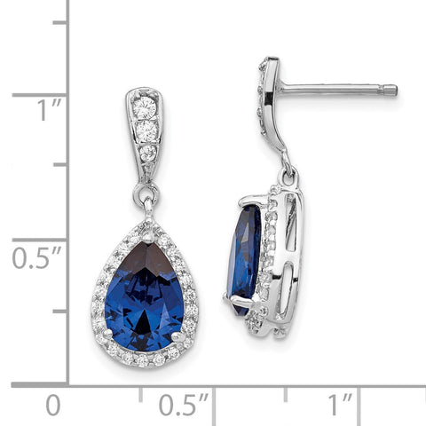 Cheryl M SS Rhod-plated CZ & Lab Cr. Dark Blue Spinel Post Dangle Earrings-WBC-QCM793