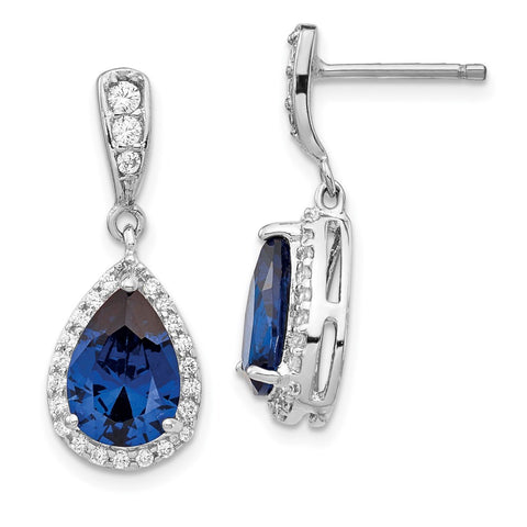 Cheryl M SS Rhod-plated CZ & Lab Cr. Dark Blue Spinel Post Dangle Earrings-WBC-QCM793