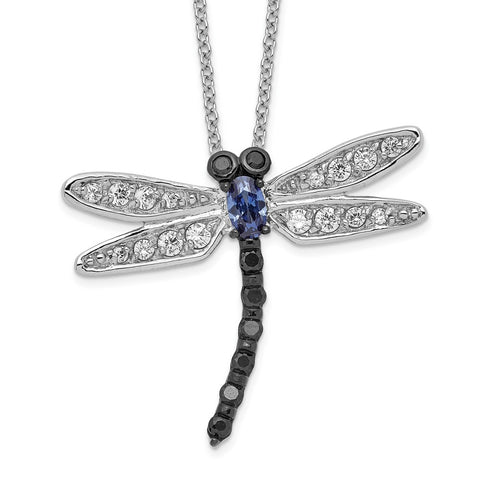 Cheryl M SS Rhod-plated White, Black & Blue CZ Dragonfly 18in Necklace-WBC-QCM799-18