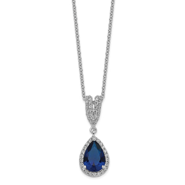 Cheryl M SS Rhod-plated CZ & Lab cr. Dark Blue Spinel Pear 18in Necklace-WBC-QCM800-18