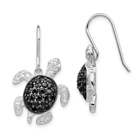 Cheryl M SS Rhodium-plated Black & White CZ Turtle Dangle Earrings-WBC-QCM807