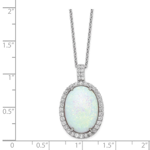 Cheryl M SS Rhod-plated Created Opal & CZ Oval Pendant 18in Necklace-WBC-QCM935-18