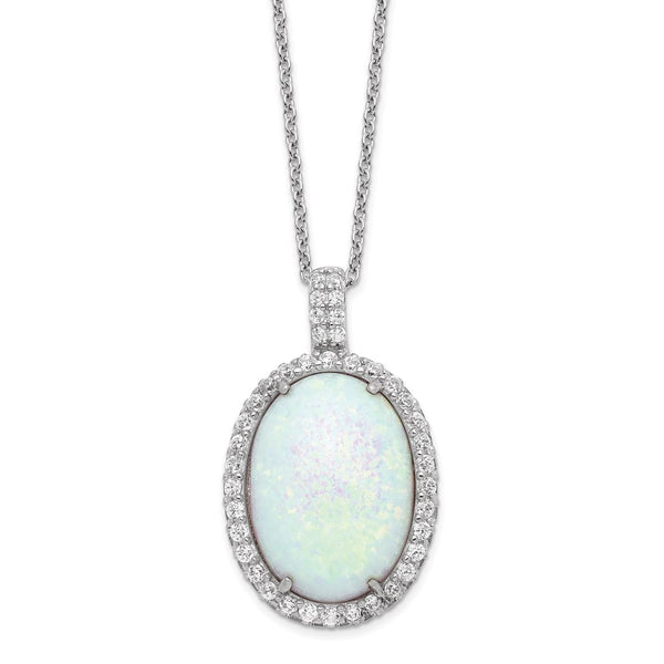 Cheryl M SS Rhod-plated Created Opal & CZ Oval Pendant 18in Necklace-WBC-QCM935-18