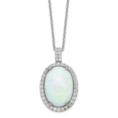 Cheryl M SS Rhod-plated Created Opal & CZ Oval Pendant 18in Necklace-WBC-QCM935-18