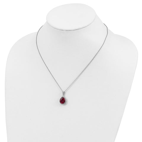 Cheryl M SS Rhodium Plated Created Ruby & CZ Pendant 18in Necklace-WBC-QCM940-18