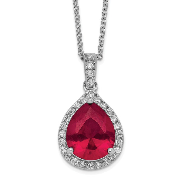 Cheryl M SS Rhodium Plated Created Ruby & CZ Pendant 18in Necklace-WBC-QCM940-18
