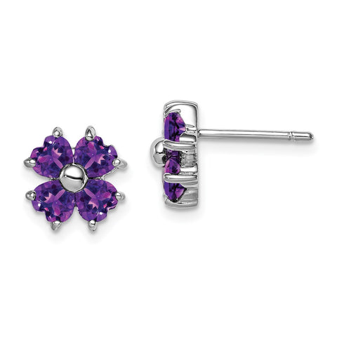 Sterling Silver Rhodium Amethyst Flower Post Earrings-WBC-QDX367