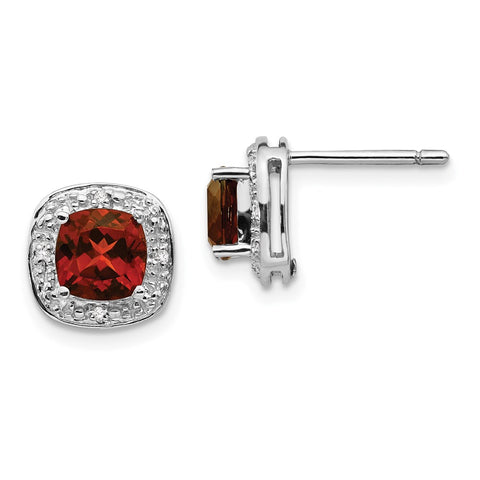 Sterling Silver Rhodium Garnet & Diamond Post Earrings-WBC-QDX624