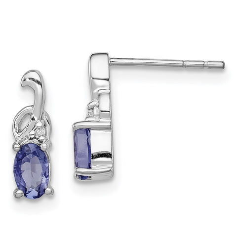 Sterling Silver Rhodium Plated Diamond Tanzanite Oval Post Earrings-WBC-QDX970