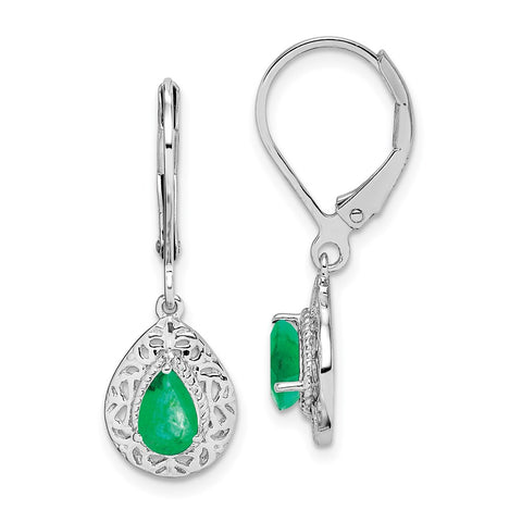 Sterling Silver Rhodium-plated Emerald Teardrop Lever Back Earrings-WBC-QE10017E
