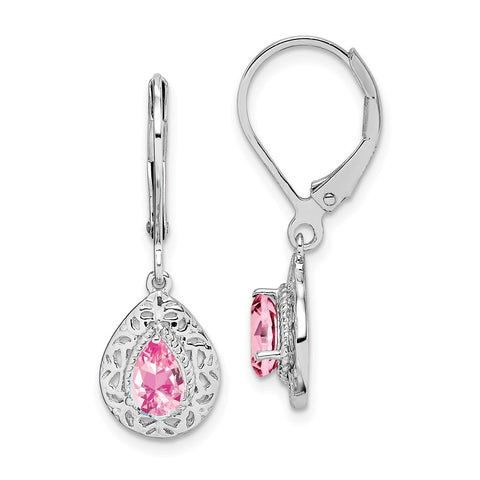 Sterling Silver Rhodium-plated Pink Tourmaline Lever Back Earrings-WBC-QE10017PT