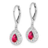 Sterling Silver Rhodium Glass Filled Ruby Teardrop Lever Back Earrings-WBC-QE10017R