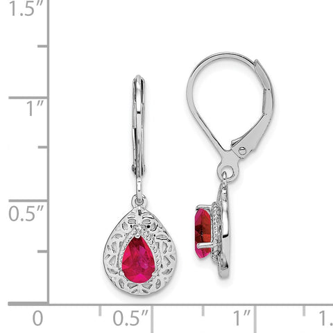 Sterling Silver Rhodium Glass Filled Ruby Teardrop Lever Back Earrings-WBC-QE10017R