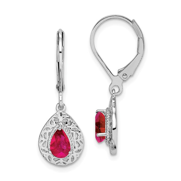 Sterling Silver Rhodium Glass Filled Ruby Teardrop Lever Back Earrings-WBC-QE10017R