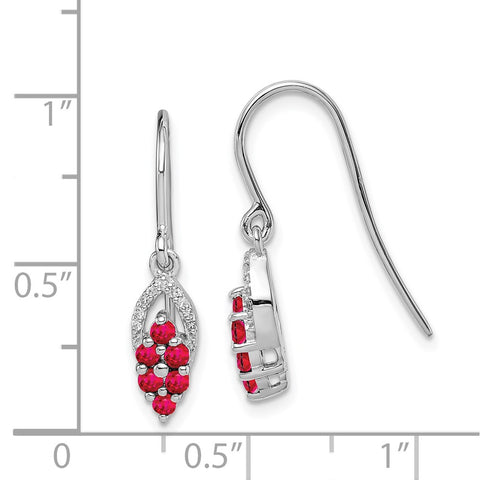 Sterling Silver Rhodium Diamond & Glass Fill Ruby Shepherd Hook Earrings-WBC-QE10101R