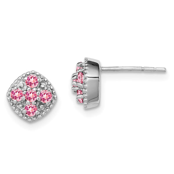 Sterling Silver Rhodium-plated Pink Tourmaline Square Earrings-WBC-QE10109PT