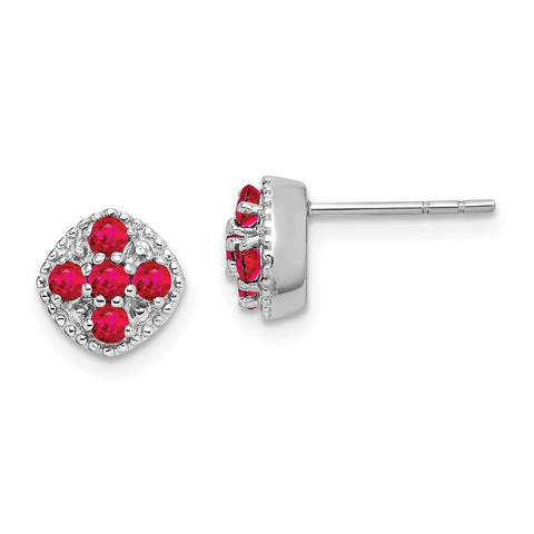 Sterling Silver Rhodium-plated Glass Filled Ruby Flower Post Earrings-WBC-QE10109R
