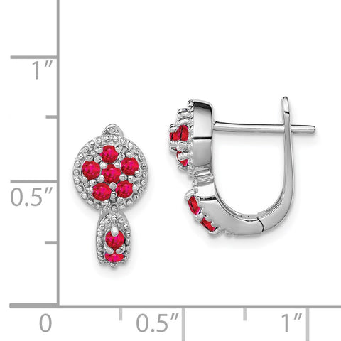 Sterling Silver Rhodium-plated Glass Filled Ruby Circle Hinged Earrings-WBC-QE10113R