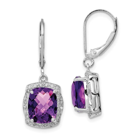 Sterling Silver Rhodium-plated Diamond Amethyst Earrings-WBC-QE10143AM