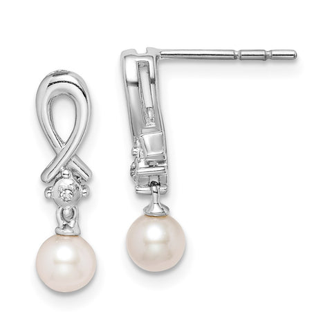 Sterling Silver Rhodium-plated FW Cultured Pearl Diamond Earrings-WBC-QE10206