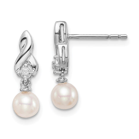 Sterling Silver Rhodium-plated FW Cultured Pearl Diamond Earrings-WBC-QE10207