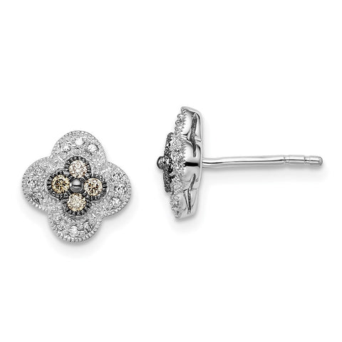 Sterling Silver Rhodium-plated Champagne Diamond Small Flower Post Earrings-WBC-QE10700
