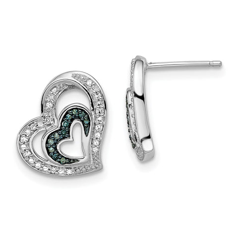 Sterling Silver Rhod Plated Blue and White Diamond Heart Post Earrings-WBC-QE10714