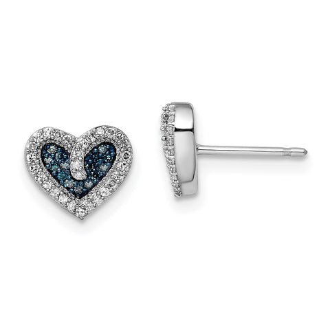 Sterling Silver Rhod Plated Blue and White Diamond Heart Post Earrings-WBC-QE10720