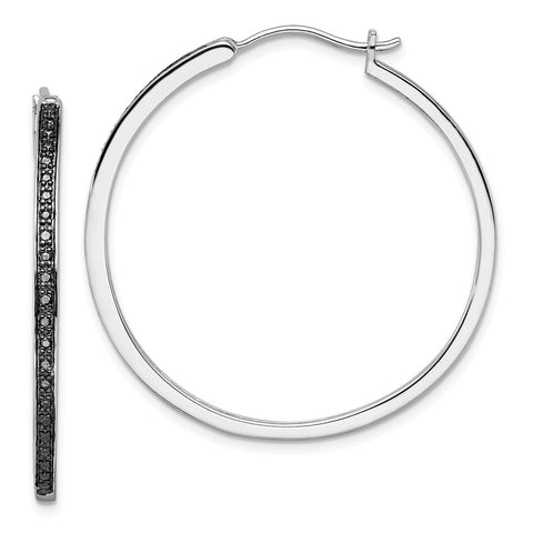 Sterling Silver Rhod Plated Black Diamond Hoop Earrings-WBC-QE10927