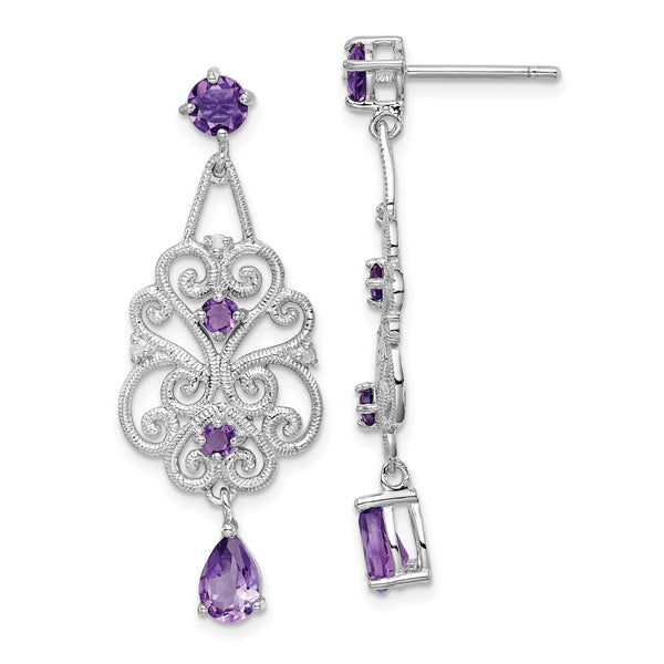 Sterling Silver Rhodium-plated Amethyst and Diamond Dangle Earrings-WBC-QE10976X