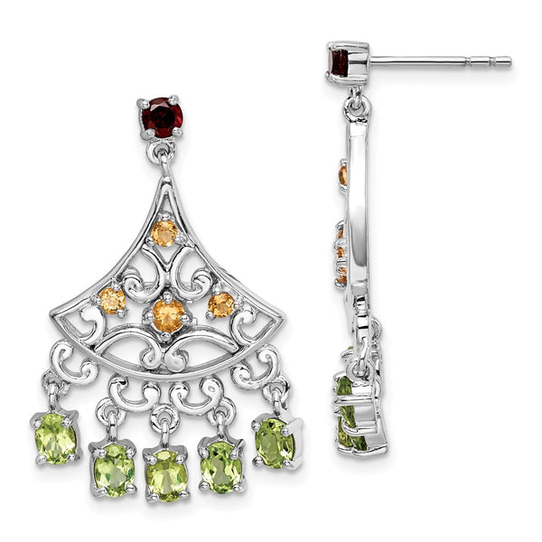 Sterling Silver Rhodium-plated Garnet, Citrine & Peridot Dangle Earrings-WBC-QE10982X