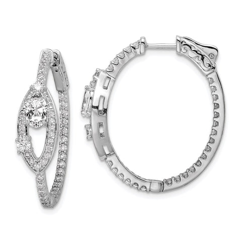 Sterling Silver Rhodium Plated CZ Oval Hinged In/Out Hoop Earrings-WBC-QE11289