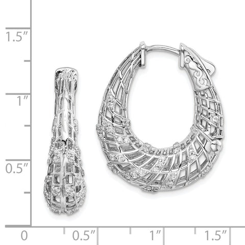 Sterling Silver Rhodium Plated CZ Small Oval Hinged Hoop Earrings-WBC-QE11296