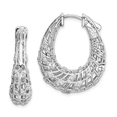 Sterling Silver Rhodium Plated CZ Small Oval Hinged Hoop Earrings-WBC-QE11296