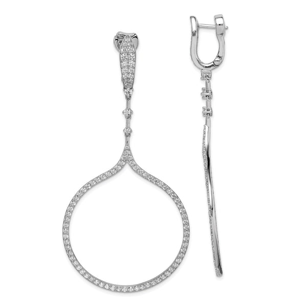 Sterling Silver Rhodium Plated CZ Large Hinged Hoop Dangle Earrings-WBC-QE11300