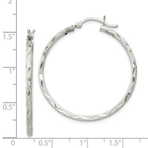 Sterling Silver Satin Diamond-cut 2x35mm Hoop Earrings-WBC-QE11497