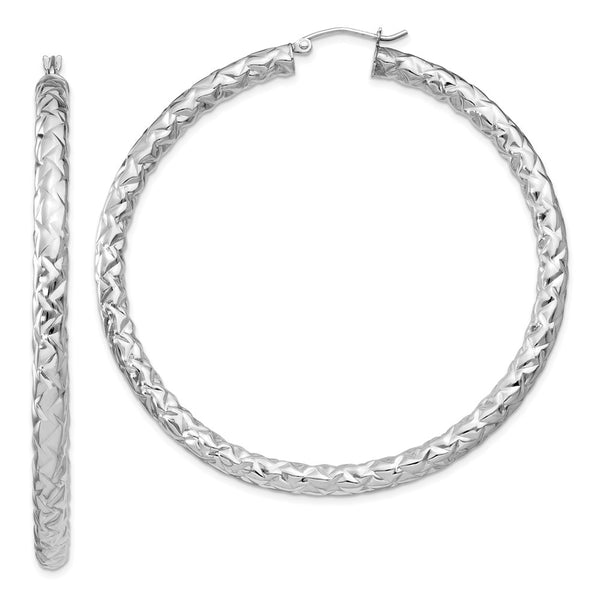 Sterling Silver Rhodium-plated Textured 4x60mm Hoop Earrings-WBC-QE11512