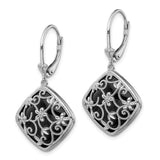 Sterling Silver Rhodium-plated Textured and D/C Onyx Leverback Earrings-WBC-QE12026