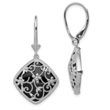 Sterling Silver Rhodium-plated Textured and D/C Onyx Leverback Earrings-WBC-QE12026