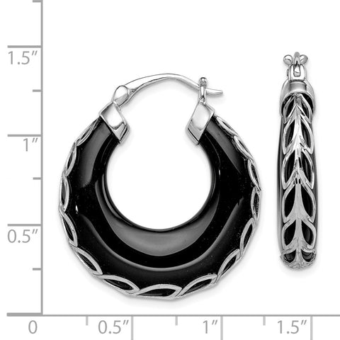 Sterling Silver Rhodium-plated D/C Onyx Hinged Post Earrings-WBC-QE12032
