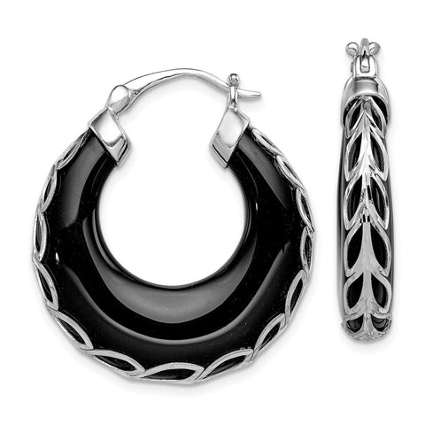 Sterling Silver Rhodium-plated D/C Onyx Hinged Post Earrings-WBC-QE12032