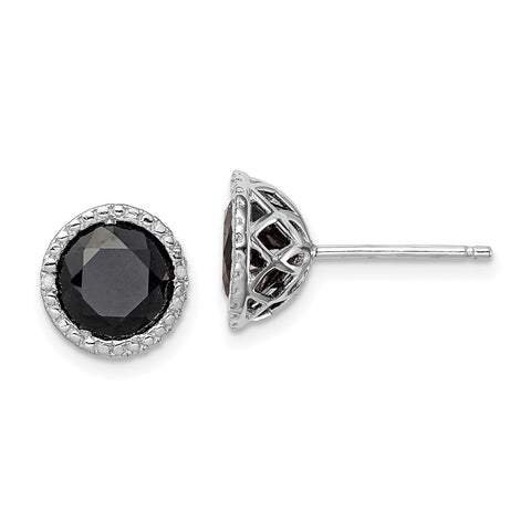 Sterling Silver Rhodium-plated Black Sapphire & Diamond Post Earrings-WBC-QE12152