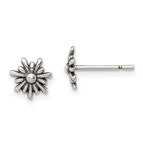 Sterling Silver Polished and Antiqued Flower Post Earrings-WBC-QE12225