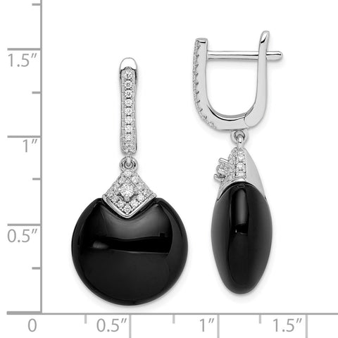 Sterling Silver Rhodium-plated CZ and Onyx Hinged Hoop Earrings-WBC-QE12337