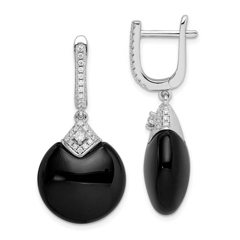 Sterling Silver Rhodium-plated CZ and Onyx Hinged Hoop Earrings-WBC-QE12337